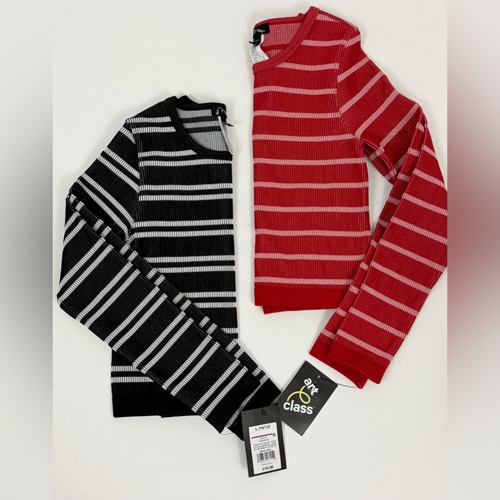 (Set of 2) Red & Black Ribbed Striped StretchyLong Sleeve Layering Top Large NWT